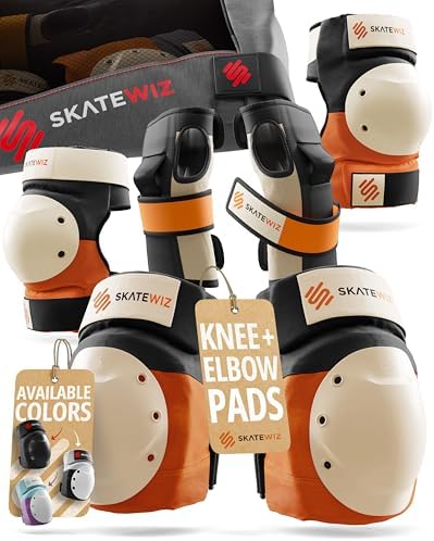 SKATEWIZ Knee and Elbow Pads Adult - Skating Protective Gear Adult - Shield - Size L Orange - Skate Gear Roller Skates, Skateboard and Inline Skates by SKATEWIZ