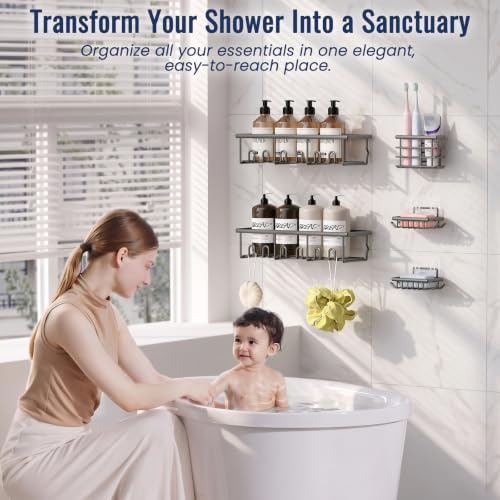 5 Pack Adhesive Bathroom Holders & Dispensers for Kids & Adults, Dark Gray - Image 3
