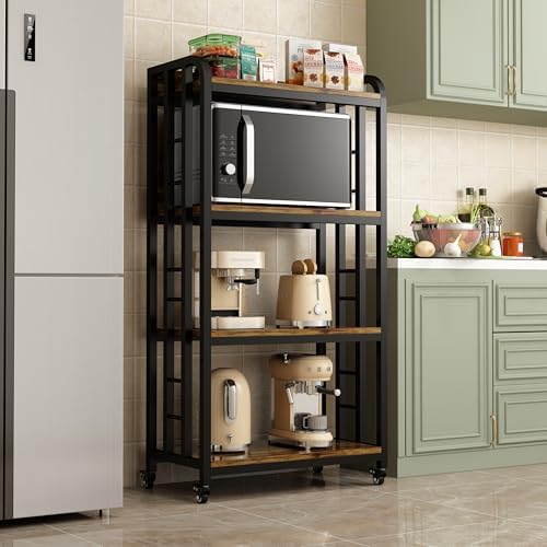 4-Tier Kitchen Baker's Rack with Rolling Wheels, Microwave Oven Cart Stand, Adjustable Utility Shelving Storage Unit, Heavy Duty Organizer Rack for Living Room, Garage, Home and Office(Brown) - Image 3
