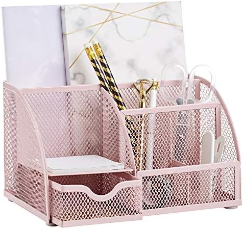 Annova Mesh Desk Organizer Office with 7 Compartments + Drawer/Desk Tidy Candy/Pen Holder/Multifunctional Organizer (Light Pink) by LivingNecessities
