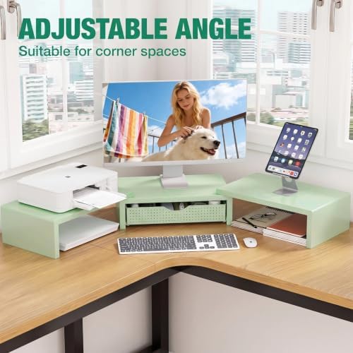 OPNICE Dual Computer Monitor Stand Riser, Desk Organizer with Drawer, Office Desk Accessories & Workspace Organizers for Home Office Supplies, Green - Image 3