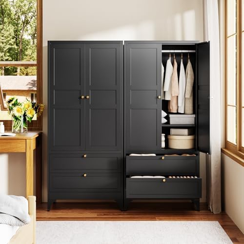 Letaya 71" Metal Wardrobe Cabinets with 2 Drawers,Steel Armoire Wardrobe Closet with Doors and Shelves,Clothing Storage Cabinets with Hanging Rod for Bedroom, Gym, Cloak Room,Black - Image 4