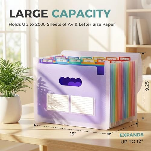 SKYDUE Accordion File Organizer, Expanding File Folder with 12 Pockets, Portable Document Paper Bill Receipt Organizer, Home School Office Supplies, Letter A4 Size Purple - Image 2