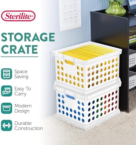 Sterilite Stackable Plastic Storage Crate Bin Organizer File Box with Handles for Home, Office, Dorm, Garage, or Utility Organization, White, 18-Pack - Image 3