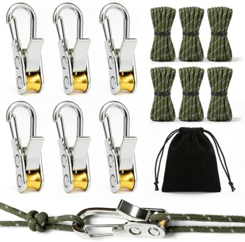 6 Pack Rope Tightening Tool & Tensioner with Alloy Buckles and Storage Bag, Tie Down Ropes for Tent, Tarp, Hammock, Clothesline, Luggage & Outdoor Use (Green) by Unknown