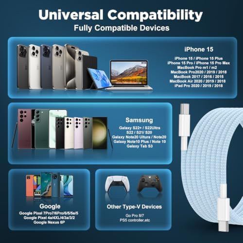 USB C to USB C Cable 6FT+10FT 2Pack 60W iPhone 17 16 15 Charger Cord Long Type C to C Cable Fast Charging for Apple iPhone 17 16 15/Pro/Pro Max/Plus/iPad Pro Air/MacBook/Air/Mini/Samsung Galaxy-Blue - Image 6