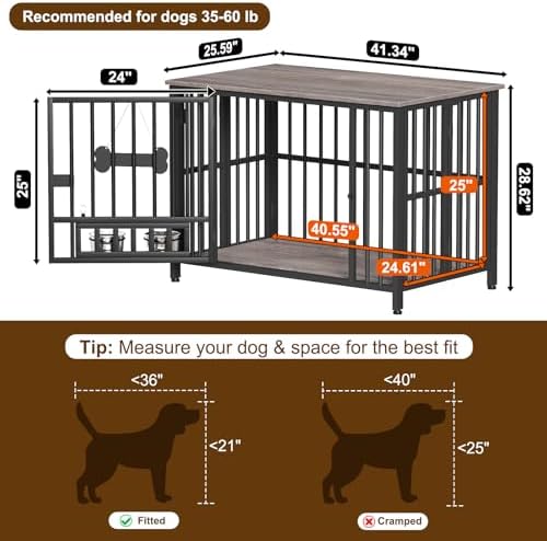 Easycom 41" Dog Crate Furniture Foldable, No Assembly Decorative Dog Kennel Indoor, Dog Crates for Large Dogs(35-60 lb), Wooden Dog Cage with Adjustable Bowls and Name Tag, End Table, Oak Grey - Image 5