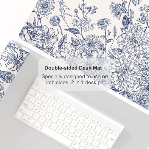 Faux Leather Large Mouse Pad, Office Desk Mat, 23.6"x13.8", Blue Flowers - Image 4