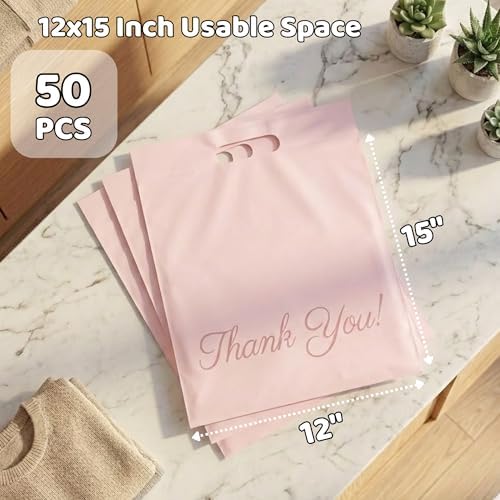 Donyson Pink Poly Mailers with Handle, 12x15, 50 Pack, Thank You Bags - Image 4