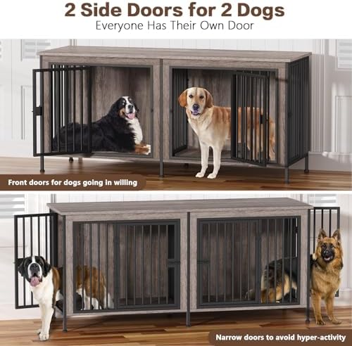 EasyCom 78.74" Dog Crate Furniture for 1 or 2 Dogs, 35-60 Pounds, Oak Grey - Image 2