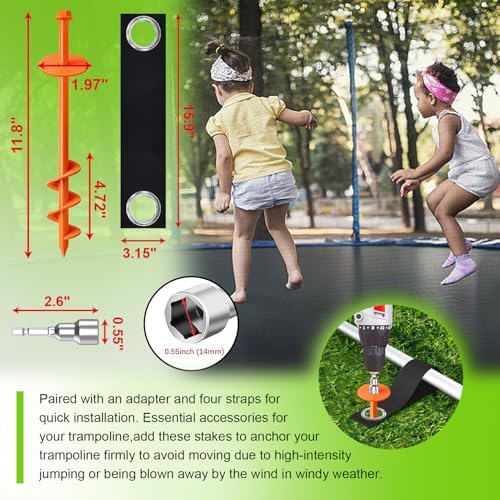 Eurmax USA 4 Pack Universal Ground Anchors High Wind, Heavy Duty Screw-in Trampoline Stakes with 4 Straps, Upgraded Commercial Anchor Kit for Outdoor Sheds, Swing Sets & Mobile Homes (Orange) - Image 3