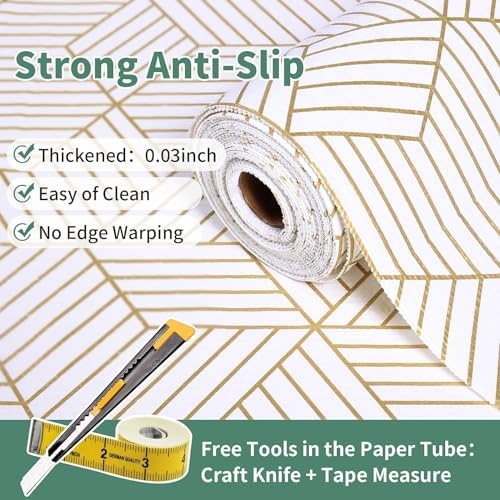 Shelf Liners for Kitchen Cabinets 17.5in x 30FT Non Adhesive Cabinet Liner Strong Non-Slip Thickened Gold Geometric Drawer Liner Easy to Clean for Shelf Cabinet with Knife and Tape Measure - Image 2