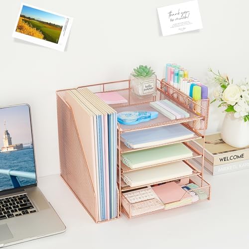 5-Tier Desk File Organizer with Drawer & Pen Holder (Rose Gold) - Image 5