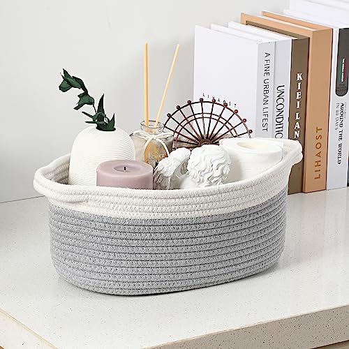 4 Pack Small Woven Basket with Handles, Cotton Rope Room Shelf Storage Basket, Cute Baby Gift Basket for Nursery, Bedroom - Cat Dog Toys Basket, Empty Decorative Gift Chest Box, All 12"x 8"x 5",Grey - Image 6