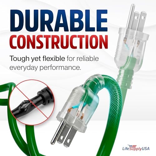 100ft Outdoor/Indoor Extension Cord 14/3 Gauge Heavy Duty 3 Prong SJTW, Waterproof, Flexible Cold-Resistant Long Power Cord,13A 125V 1625W, Green by LifeSupplyUSA - Image 3
