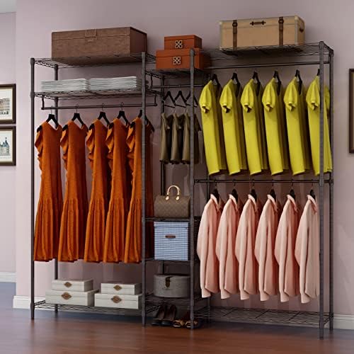 XIOFIO Heavy Duty Wire Garment Rack, Metal Clothing Rack with 4 Hanging Rods and 9 Shelves, Freestanding Open Wardrobe Organizer for Hanging Clothes , 68.5"L x 16.5"W x 76.7"H Max Load 800LBS, Black - Image 2