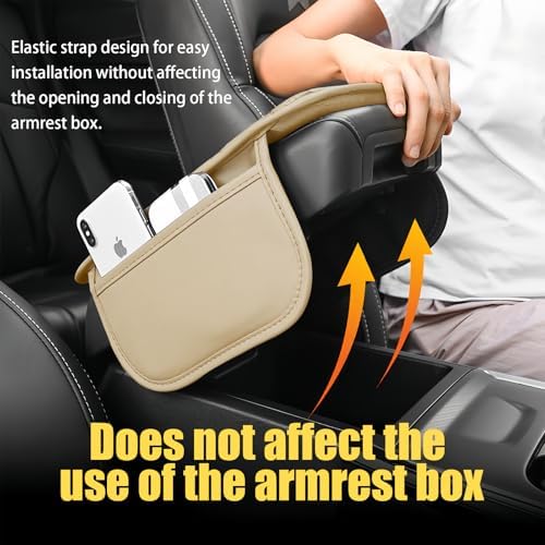 Car Center Console Cover with 2 Storage Bags, Leather Armrest Pad, Beige - Image 5