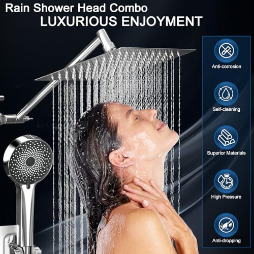 Shower Head, Rain Shower Head with Handheld Spray Combo, 10 Inch Adjustable High Pressure Rainfall Shower Head, Dual Showerhead Set with Extension Arm and 60 Inch Long Shower Hose (Silver) - Image 2