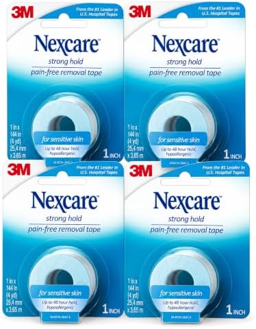 Nexcare Sensitive Skin Low Trauma Tape, 4 Count – Gentle Adhesive Medical Tape for Fragile or Delicate Skin, Hypoallergenic & Latex-Free, Ideal for Post-Surgery Care, Pediatric Use, Frequent Changes by Nexcare