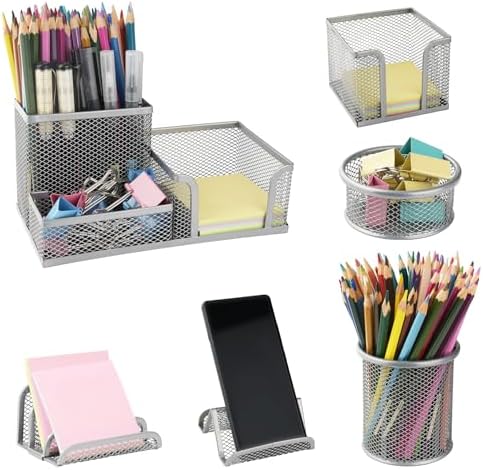 6 Pack Mesh Metal Desk Organizer Stationery Storage Set Silver by Uppmeant