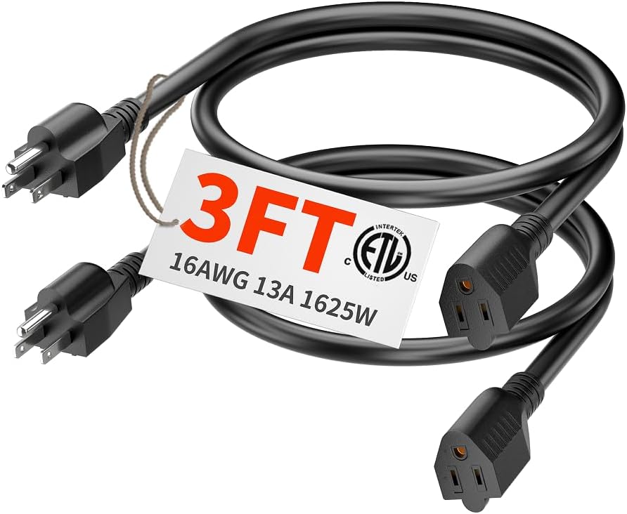 PlugSaf 16/3 3Ft 2 Pack Indoor Extension Cord Black, 3 Prong Electric Cord by PlugSaf