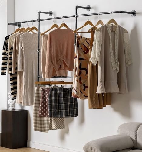 Industrial Pipe Clothing Rack, Hanging Garment Rack, Wall Mounted Pipe Clothes Rack with Four Hanging Rods, Heavy Duty Garment Rack, Industrial Steampunk Closet Organizer Hall Tree (Metal Pipes-Black) by DOFURNILIM