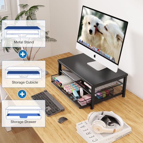 OPNICE Computer Monitor Stand Riser, Desk Organizer with Drawer, Printer & Laptop Stand, Office Desk Accessories & Workspace Desktop Organizers Storage for Office Supplies(Black) - Image 4