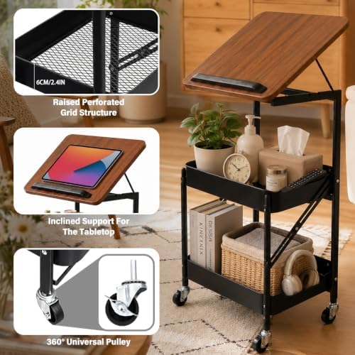 Dracey 3 Tiers Utility Rolling Cart with Lockable Caster Wheels, Metal Tiltable Wood Top Desk, Multifunctional Rolling Storage Cart for Bathroom, for Office Dorm Kitchen Living Room Classroom - Image 4