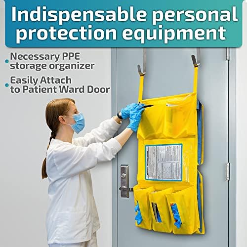 LLC Personal Protective Equipment (PPE) Isolation Door Caddy, Nylon Oxford NFPA-701 Large Scale Flame Retardant Coating 18.5 X 31 Inch, Included 2 Hooks - Yellow (with Back Pockets) - Image 2