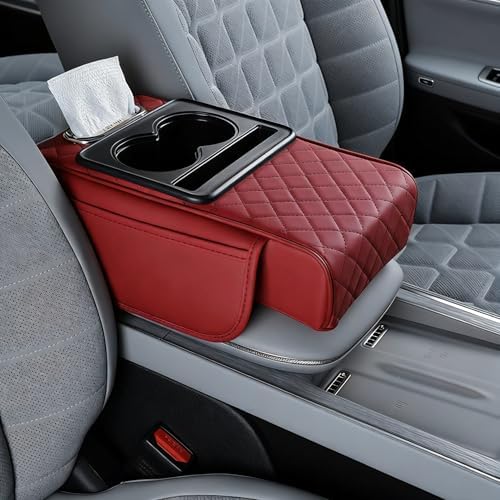 Automotive Armrests Car Console Organizer and Console Cover, Car Center Console Cover with Center Console Cup Holder, Memory Foam Waterproof Leather Auto Armrest Protector (Wine Red) by Unknown