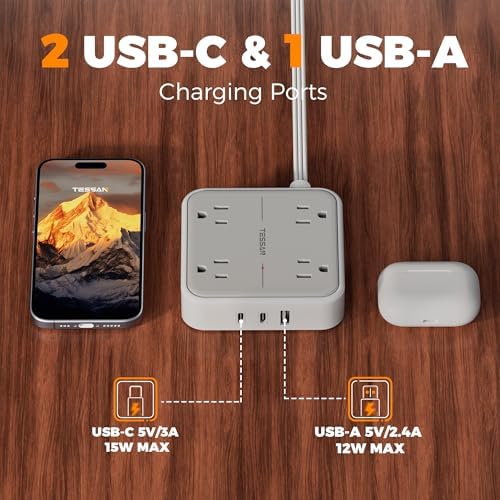 TESSAN Surge Protector Flat Extension Cord 5Ft, Flat Plug Power Strip - Image 4
