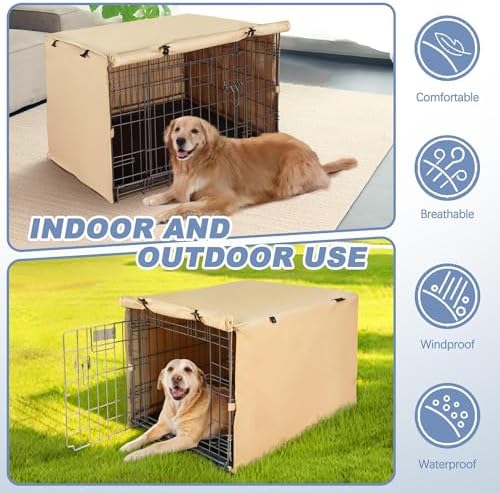 Akinerri Dog Crate Cover, Double Door Waterproof Kennel Cover, 48 in Beige - Image 5