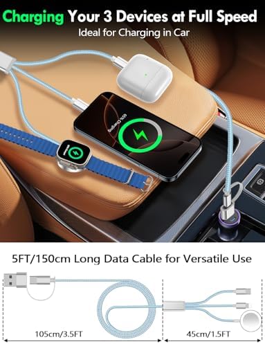 Travel Essentials for Apple Watch Charger,iPhone Charger,3 in 2 Type C/Lightning/Magnetic Travel Charging Cable,Portable Multi Charging Cable for Apple Watch, iPhone 17‑11,Samsung S26,Car,iPad-5FT - Image 7