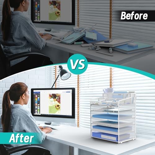 6 Tier Mesh Paper Desk Organizer with Pen Holders, White - Image 3