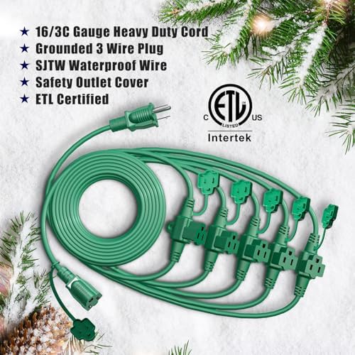 Eversimpleinc 50FT Outdoor Extension Cord with 6 Outlets Evenly Spaced··, with Waterproof Cover, Ideal for Outdoor Decoration Lawn Patio Lights, 16AWG/3C SJTW, ETL Listed - Image 3