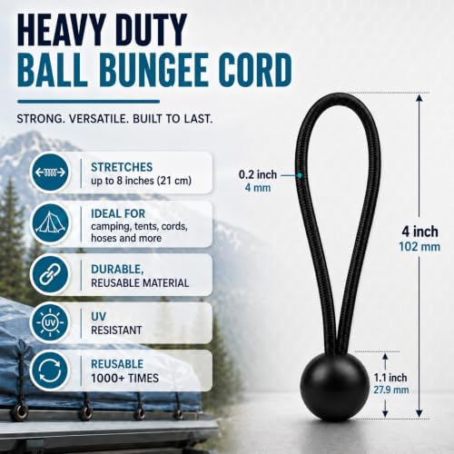 30 Pcs 4 Inches Ball Bungee Cords, Black Heavy Duty Heavyweight Tarp Black Ball Bungee, 4mm Thickness Weather Resistant Tie Down Strap, Suitable for Camping, Securing Tents, Fixing Cables and Hoses - Image 2