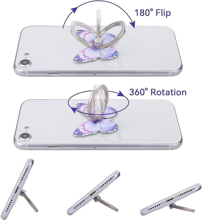 3 Pcs Butterfly Cell Phone Ring Stand Holder, Cute Butterfly Design Finger 360° Rotating Metal Hand Phone Stand Holder, with Adjustable Knob Loop (threegreen) - Image 2