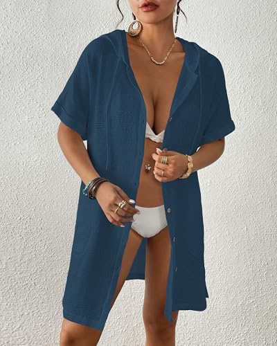 Bsubseach Womens Swimsuit Cover Up Shirt Hooded Beach Dress with Pockets - Image 3