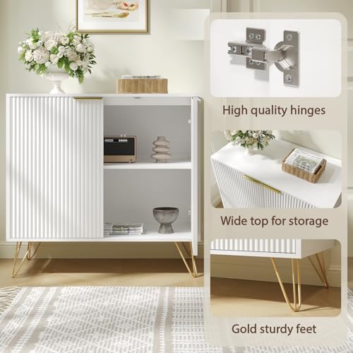 Storage Cabinet with 2 Fluted Doors and Adjustable Shelves, White, 2pcs丨Modern Wood Accent Table, Sideboard Buffet Cabinet, Console Table for Living Room, Hallway, Entryway - Image 6