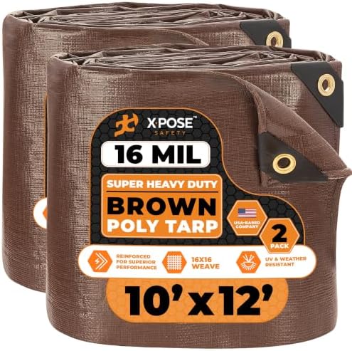 Xpose Safety Super Heavy-Duty 10' x 12' Brown Poly Tarp (2-Pack) - 16 Mil Waterproof & UV Resistant, Rip-Proof with Reinforced Edges & Grommets by XposeSafety