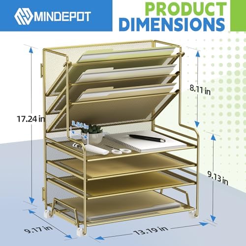 MINDEPOT 4-Tier Paper Organizer + 3-Pocket File Holder + Drawer + Pen Holders, Desktop File Organizers Paper Tray for Office Supplies School Classroom Organization (Gold, no Drawer & Pen Holder) - Image 2