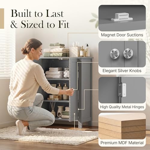 SUPER DEAL Modern Bathroom Floor Storage Cabinet with Adjustable Shelf and Double Door Rust Proof, Living Room Modern Home Furniture Storage Organizer Cabinet, Grey - Image 5