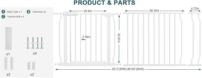 Extra Wide Baby Gate Tension Indoor Safety Gates White Metal Large Pressure - Image 3