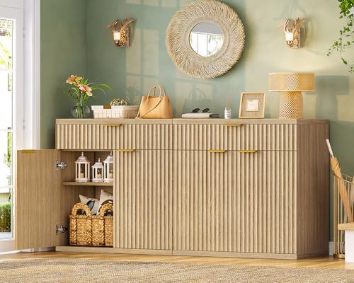TEENFON 31.5" W Fluted Buffet Cabinet with Storage, Sideboard Cabinet, Coffee Bar Cabinet with 2 Doors and Adjustable Shelf for Living Room, Kitchen, Entryway, Natural - Image 3
