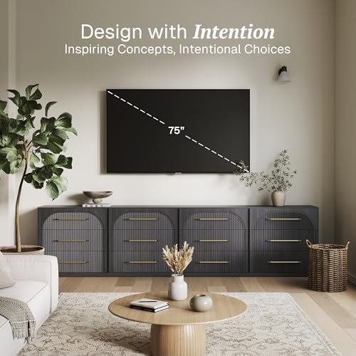BELLEZE Set of 4 Fluted Modular Sideboard Cabinet, Classic Modern Buffet Cabinet with 3 Drawers, 130'' Accent Credenza Cabinet for Living Room Kitchen Entryway (Ebony) - Image 3