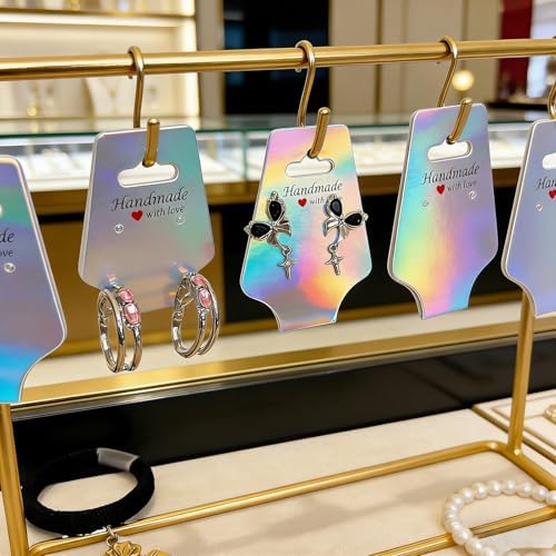 210 PCS Bracelet Holographic Display Cards Sturdy Necklace Holder Cards Self Adhesive Jewelry Packaging Selling Card for Small Business of Keychain Earring Hair Band and Scrunchies Hanging - Image 5