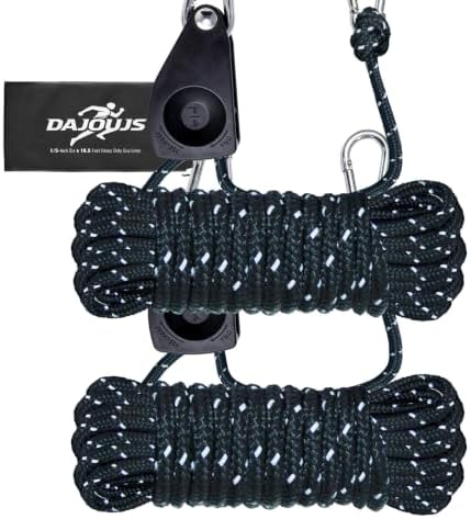 2Pack 6mm Reflective Guy Lines, Heavy‑Duty Tent Rope Tie Down Rope Line, Ultralight Camping Rope with Ratchet Pulley & 2 Metal Buckles, Aluminum Adjuster for Tarp Canopy Kayak Outdoor Camping, 16.5ft by DAJOUJS