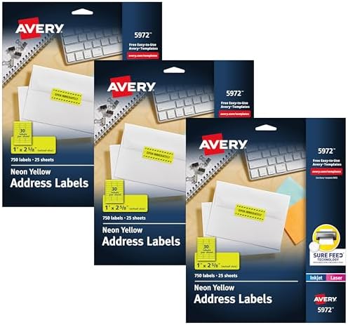 Avery Printable Address Labels, Sure Feed Technology, Neon Yellow, Laser & Inkjet Compatible, 750 Blank Labels Total, Great for Branding, Mailing, Organizing (5972), 1 in. x 2-5/8 in. (Pack of 3) by Avery