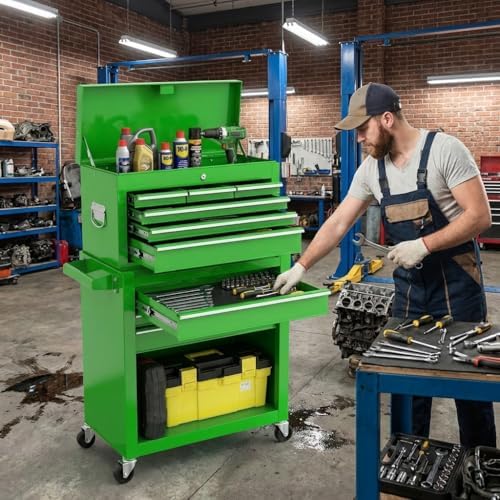 Dawmilon Tool Chest, 8-Drawer Rolling Tool Storage Cabinet with Wheels, Detachable Top Tool Box, and Locking Mechanism, Metal Barber Tool Cart with Liner and 6 Hooks for Garage, Workshop, Green - Image 2