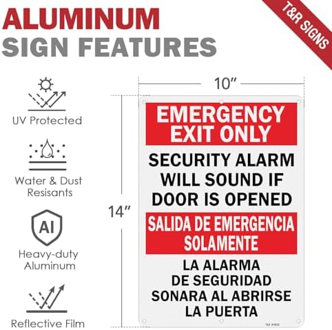 T&R Large Emergency Exit Only Bilingual Sign Security Alarm Will Sound If Door Is Opened - 1 Pack - 14 x 10 Inches Rust Free .040 Aluminum Reflective - UV Protected, Waterproof, Weatherproof and Fade Resistant - 6 Pre-drilled Holes - Image 2